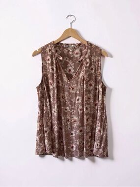 Gypsies & Moondust Floral Crinkle Sleeveless V-Neck Tank Top Brown Pink Large
